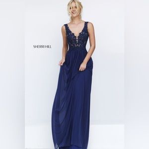 Long Navy Blue Sherri Hill Prom Dress